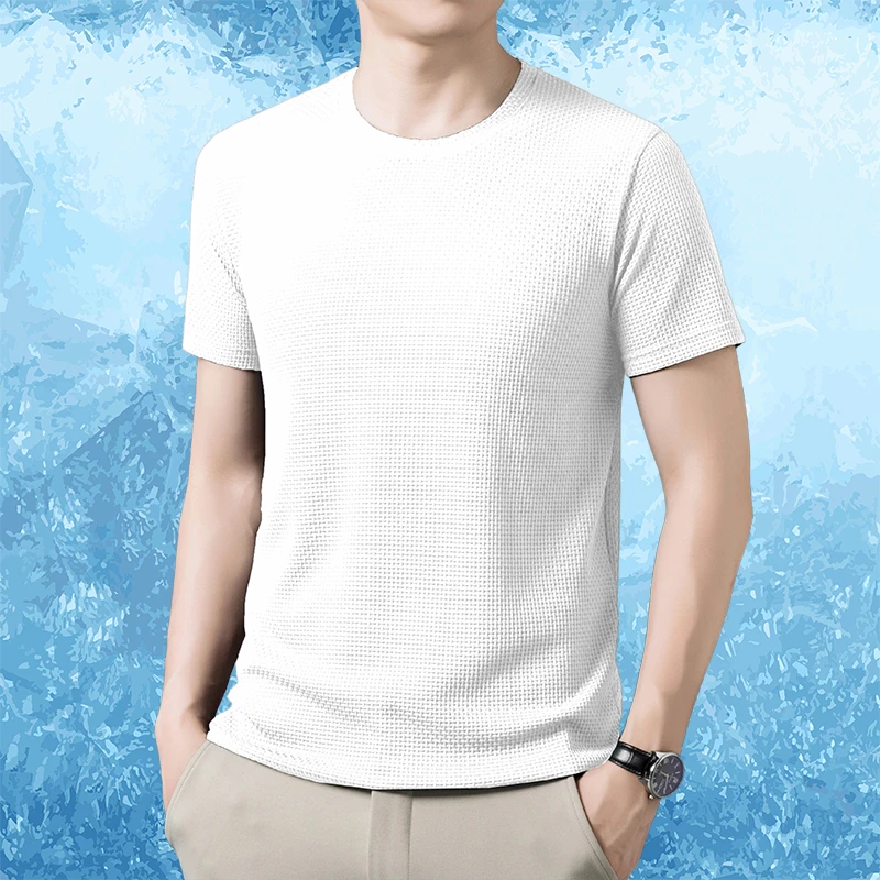 夏季男士新款华夫格圆领短袖卫衣中青年纯色百搭薄款打底休闲T恤