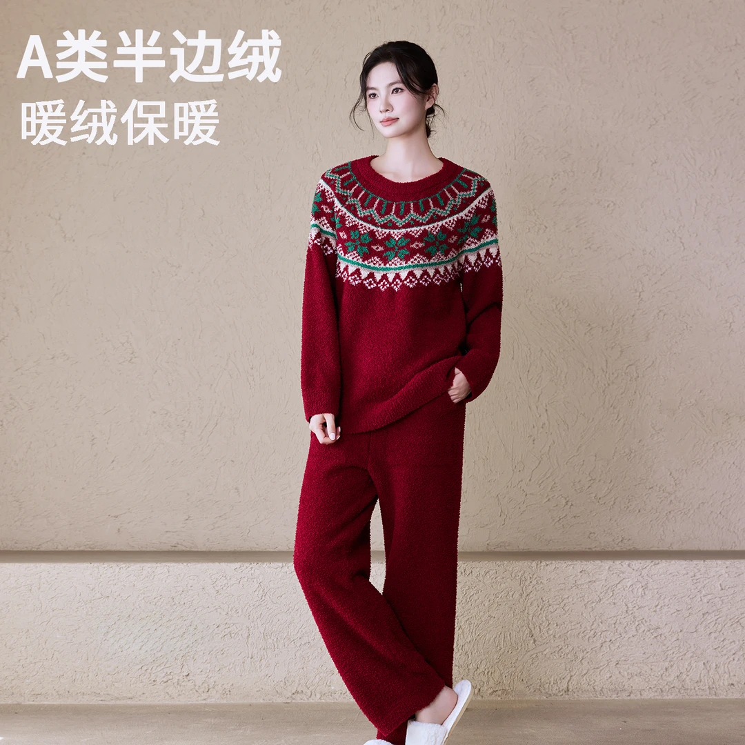 新款红色睡衣女秋冬季半边绒加厚保暖本命年冬天可外穿家居服套装