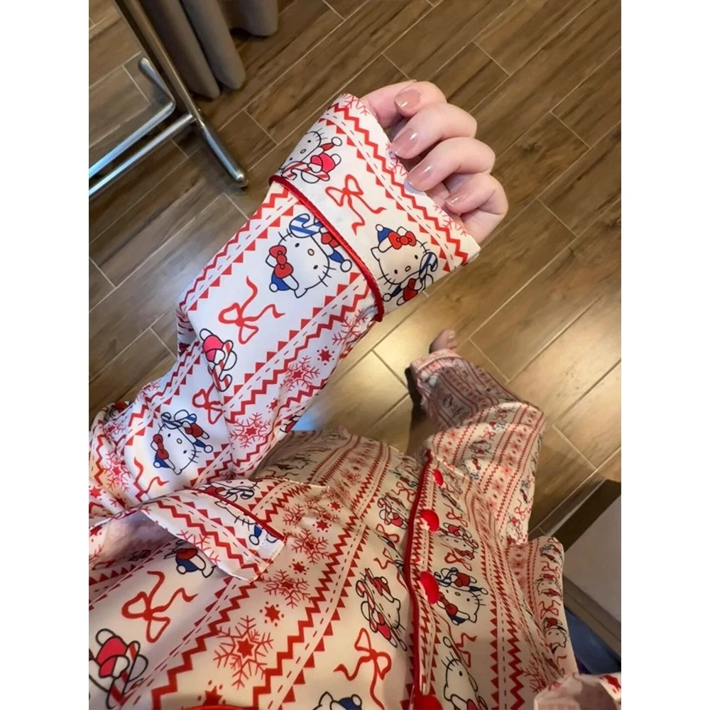 轻奢风喜庆红色凯蒂猫印花睡衣女2025年新款冰丝家居服套装可外穿