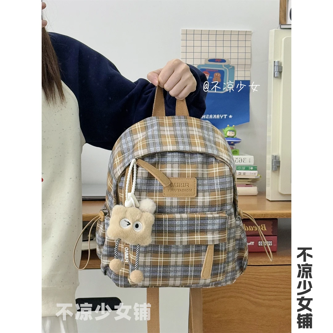 毛呢格子复古小书包日系ins小众休闲秋冬迷你双肩包少女通勤背包