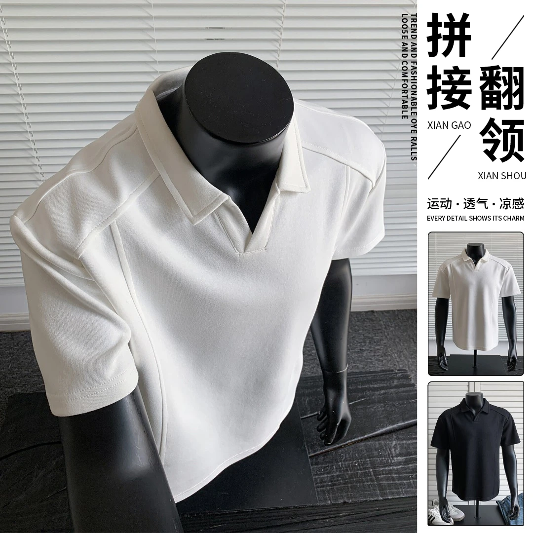 V领正肩男士t恤短袖polo衫夏季宽松透气翻领半袖高级感潮牌上衣服