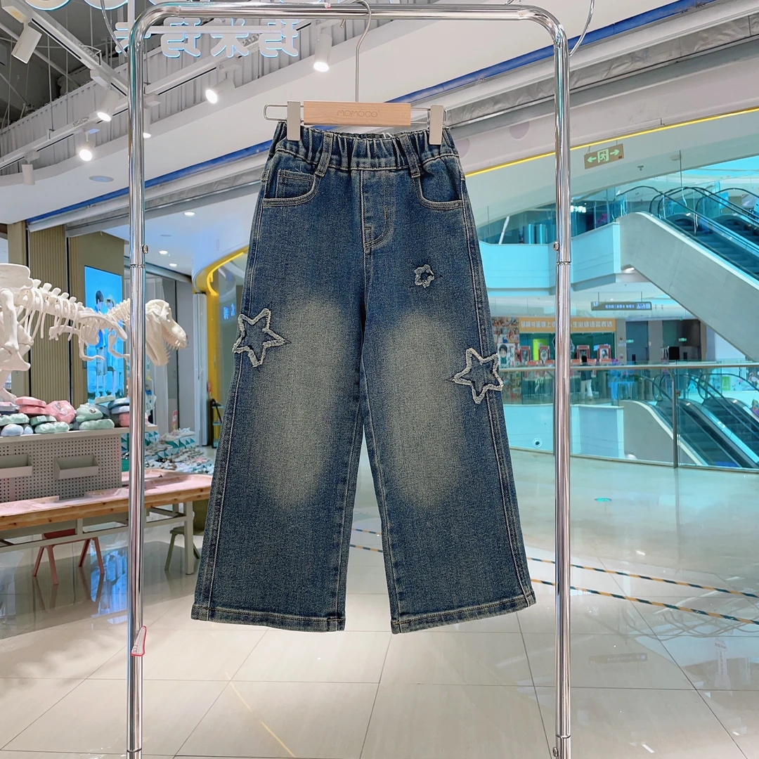 MOMOCO女童秋季儿童韩版时尚休闲星星贴布绣牛仔长裤75730350014