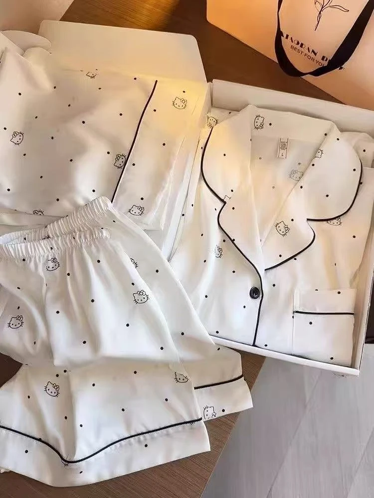 【波点KT猫】带胸垫冰丝睡衣女三件套夏季新款短袖短裤居家服套装
