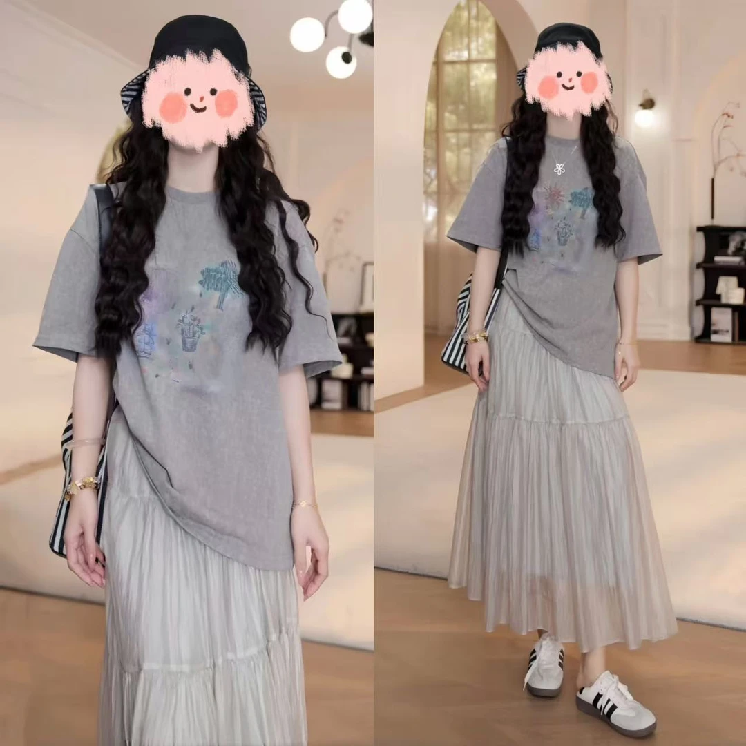 网红洋气炸街女装2025夏季宽松卡通短袖T恤上衣百搭半身裙套装女