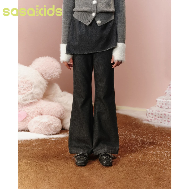 sasakids复古风假两件拼接微喇牛仔裤自带裙片层次感全棉高腰女童