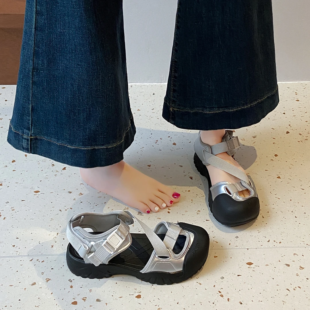 2025夏季新款小众设计感厚底镂空户外登山鞋女魔术贴休闲运动凉鞋