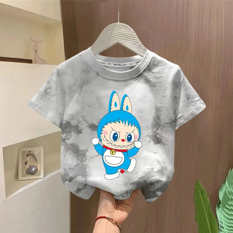 拉布布夏季新款扎染螺纹纯棉T恤短袖儿童宝宝外穿百搭卡通上衣潮t