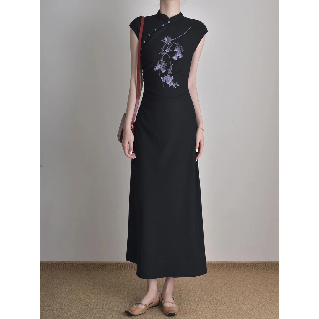 新中式国风黑色刺绣印花旗袍连衣裙女改良斜襟收腰包臀无袖长裙夏