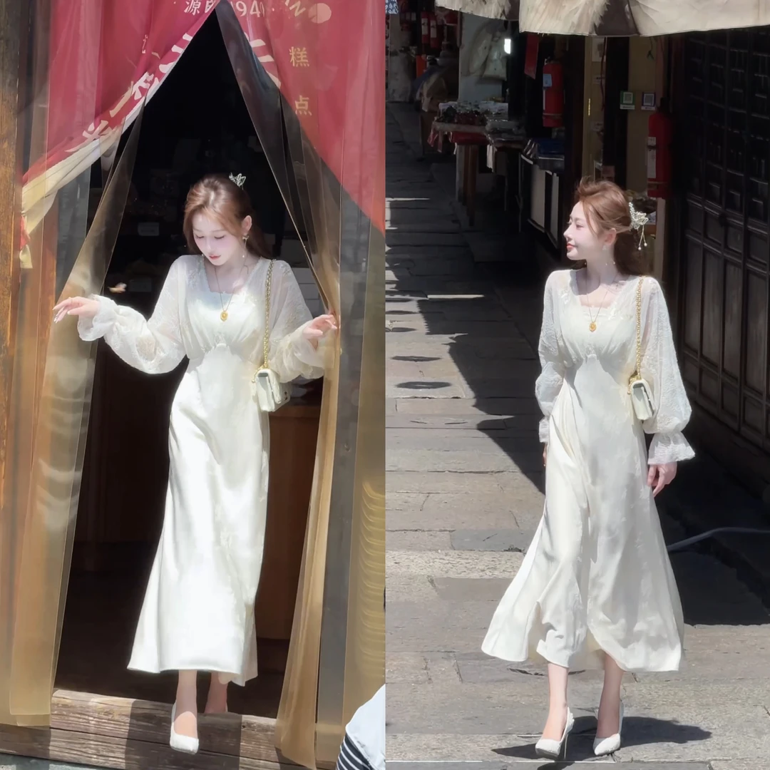 【婷婷】《月满楼•白月光》蕾丝缎面两件套连衣裙 TT2SQTY2036