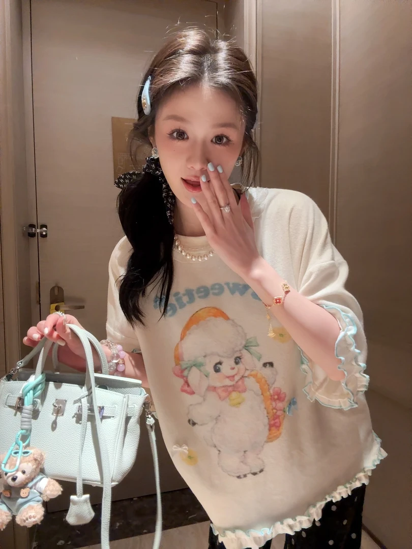 软敷敷小羊/2025春夏设计毛巾面木耳边印花领口花边蝴蝶结短袖