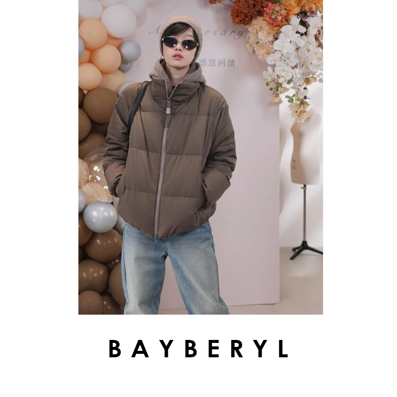 -BAYBERYL老贝BC咖钉珠针织连帽假两件百搭秋羽绒服YRF5E2653