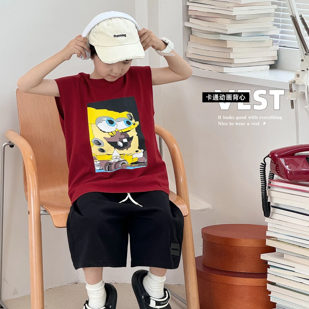 AX5099棉小班童装儿童卡通动画背心男童无袖纯棉夏装中大童T恤