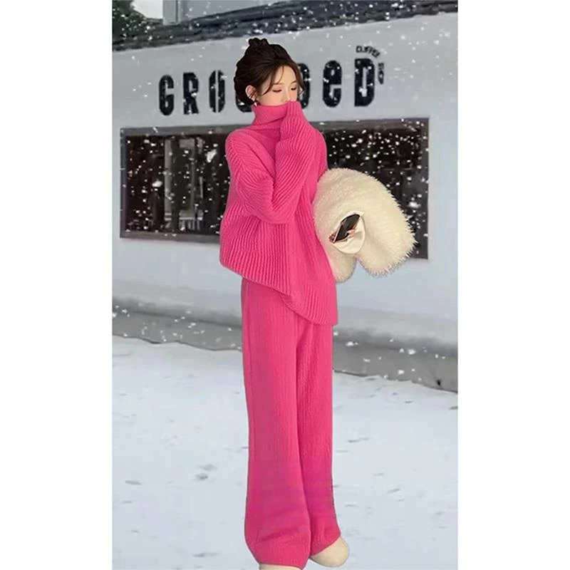 慵懒风气质粉色针织高领毛衣长裤女装秋冬新款冬装搭配一整套