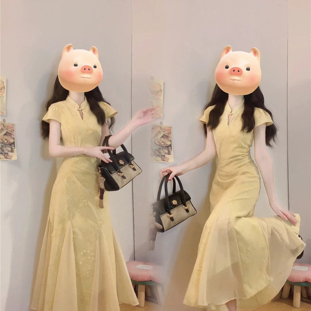 大码玉穗金澜 新中式黄色插片式鱼尾改良旗袍温婉气质连衣裙