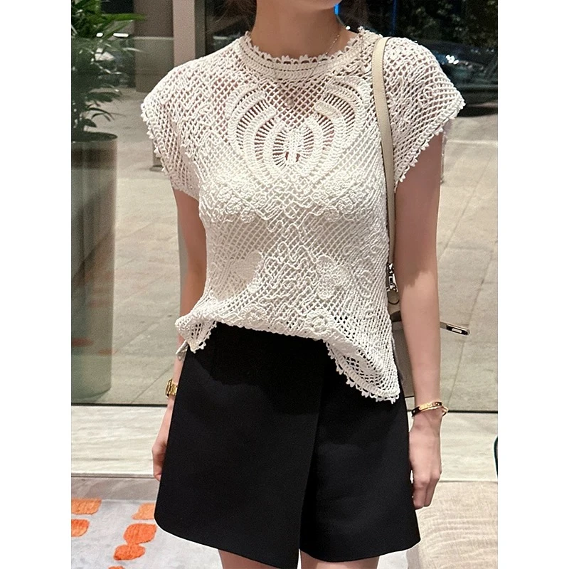 《猪猪出品》白色宽松型蕾丝镂空刺绣飞飞袖套头拼接夏季799