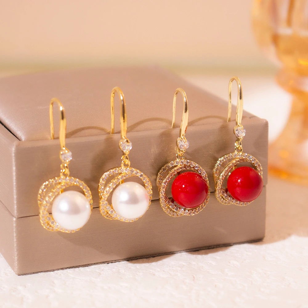 合金仿珍珠耳饰 法式复古环绕锆石耳钩轻奢优雅小众耳环时尚精致