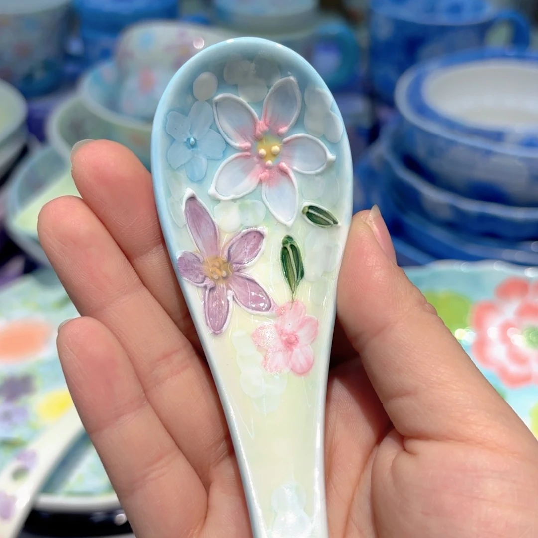 空***灵濑户烧繁花沐春小汤勺2只