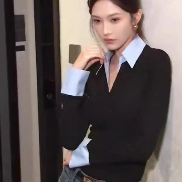 气质名媛显瘦遮肉假两件T恤上衣女春秋新款撞色拼接衬衫领打底衫