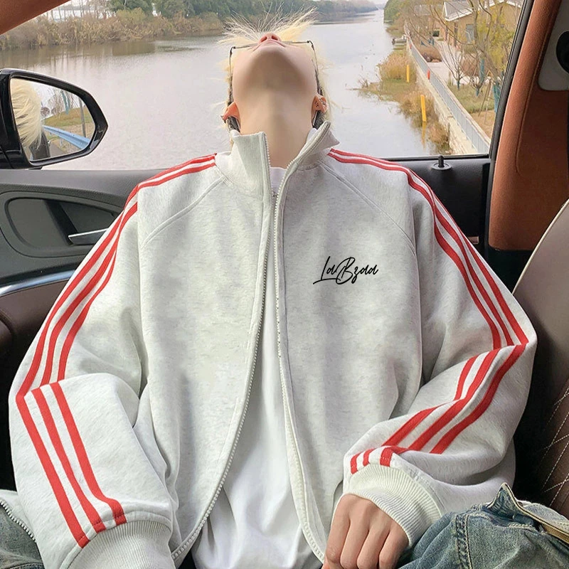 美式高街ins风字母印花三条杠开衫拉链卫衣百搭秋冬立领情侣外套