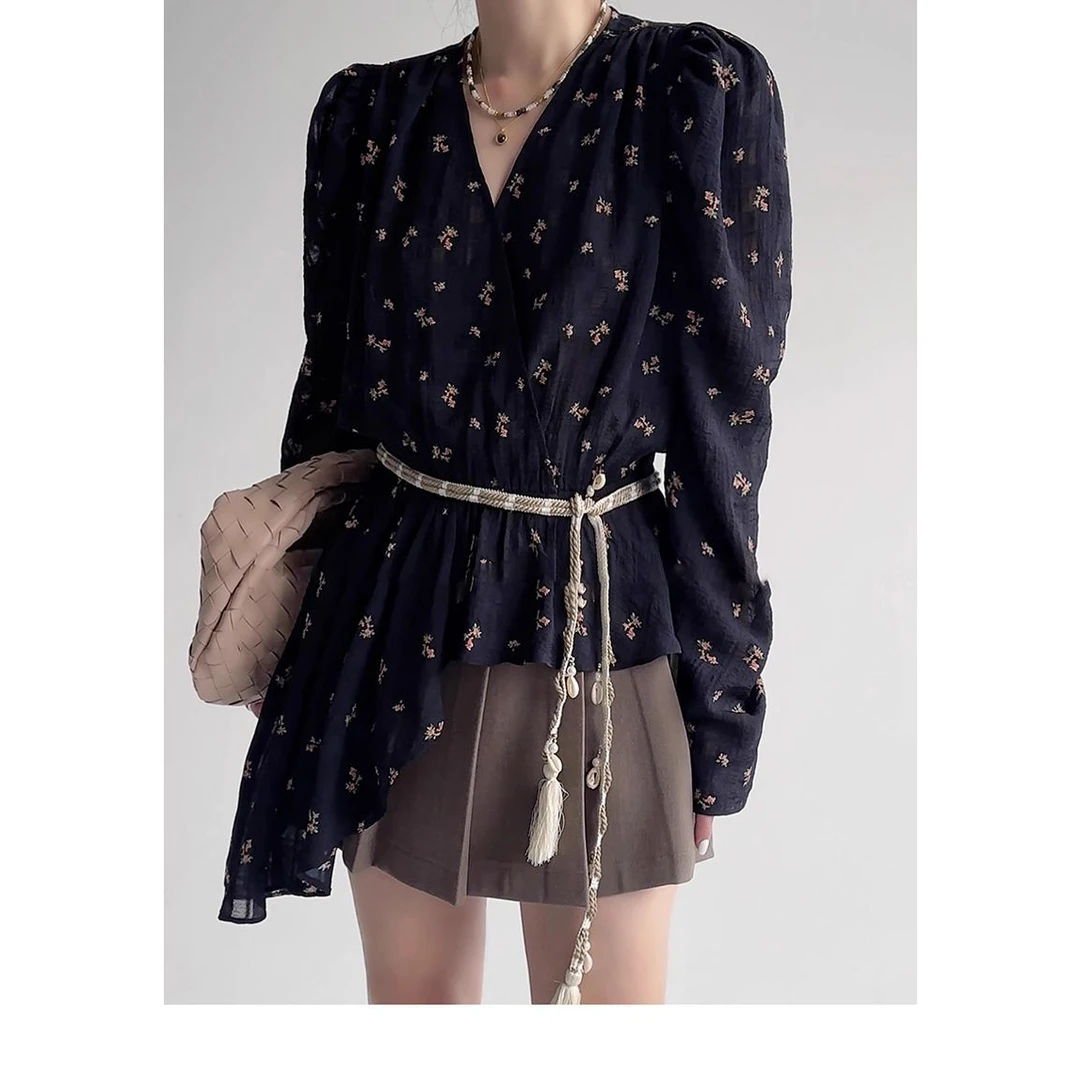 韩系波嬉风印花百搭休闲衬衫2025夏季新款宫廷泡泡袖上衣系带