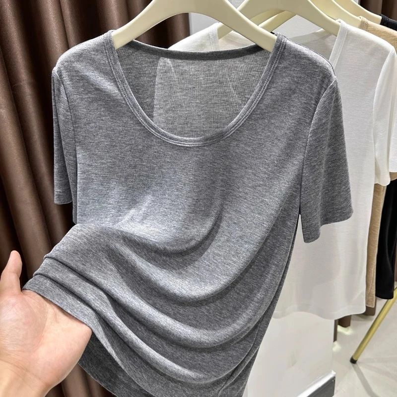 莫代尔冰丝灰色u领正肩宽松短袖T恤女2025夏季新款薄款大领口上衣