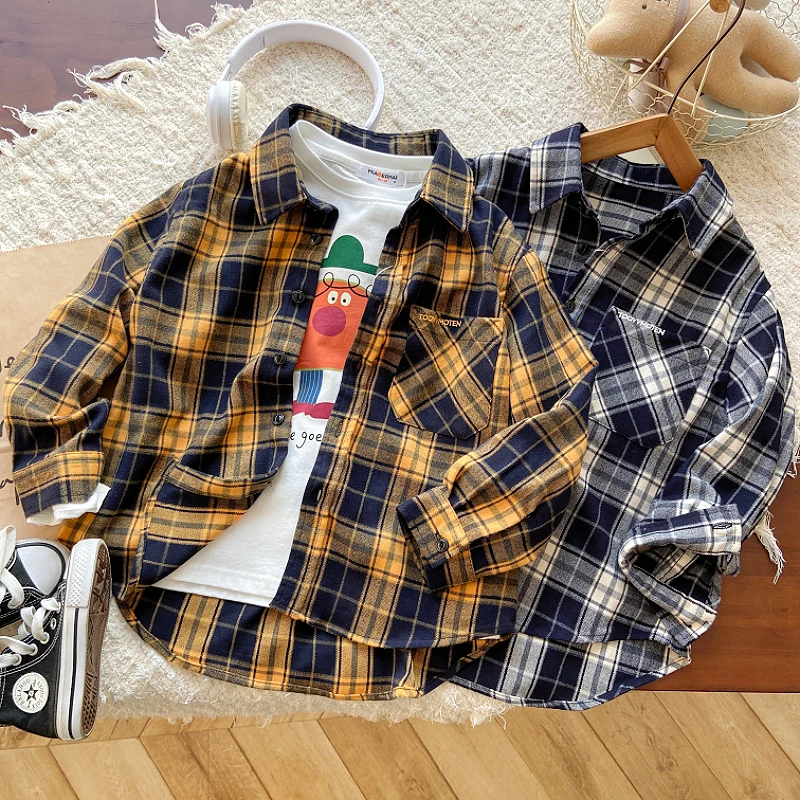 男童格子衬衫春秋款2025男孩质感磨毛衬衣儿童百搭休闲韩版衬衫