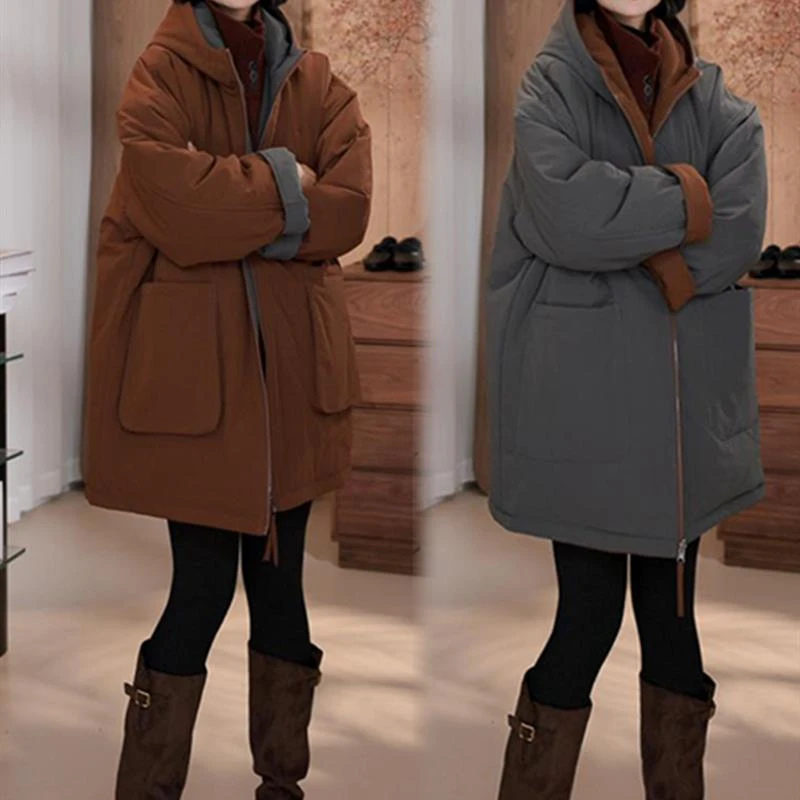 双面穿棉衣棉服冬季新款百搭气质减龄加厚保暖中长款连帽外套女