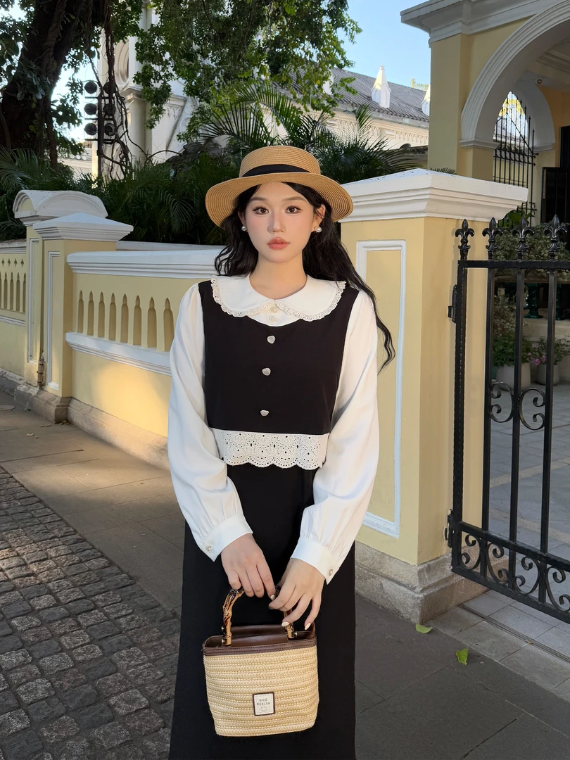 月半鱼【百利甜】蕾丝花边拼接撞色假三件连衣裙法式气质收腰长裙