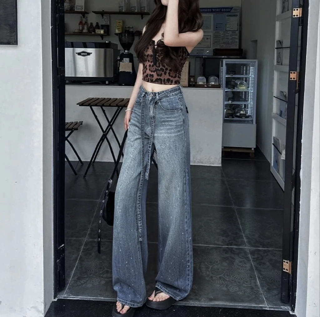 【运费险+腰带】满天星渐变色烫钻冬季新款休闲宽松阔腿女牛仔裤02