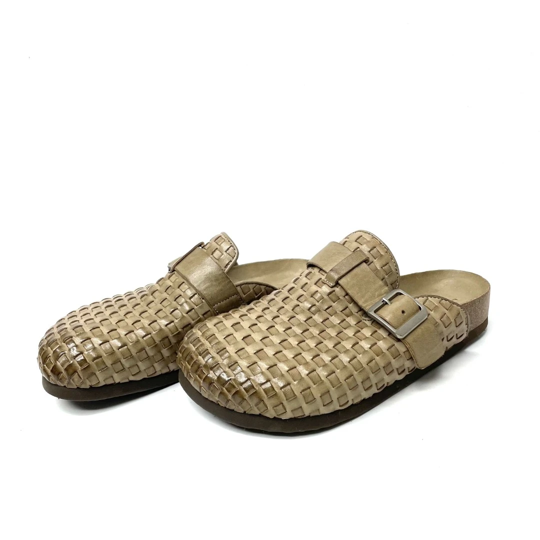 雪密欧新款手工做旧勃肯拖鞋时尚舒适水洗马皮包头半拖鞋女外穿