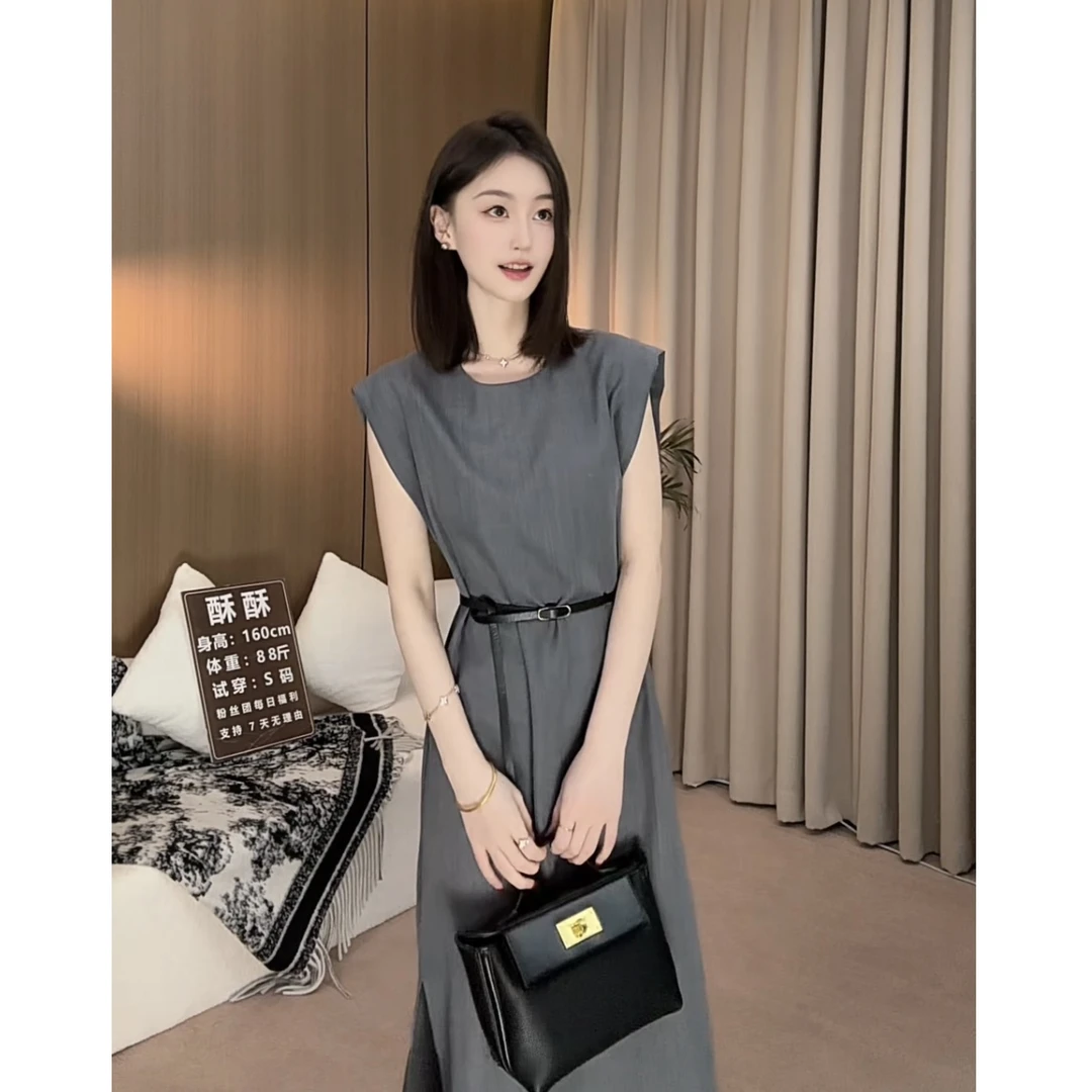 夏季静奢优雅风圆领飞飞袖收腰中长款女式两件套连衣裙