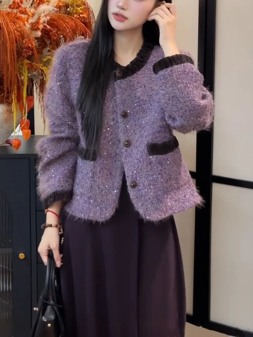 秋冬韩版丝绒拼接亮片小香风粗花呢短外套女时尚洋气夹棉加厚上衣