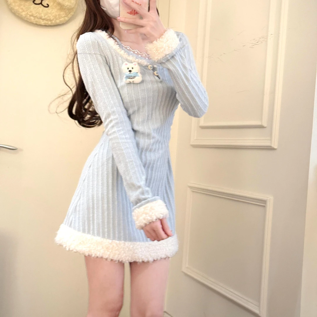 夹心泡芙蓝色 织物猪原创 甜辣圣诞新年浅蓝色秋冬连衣裙