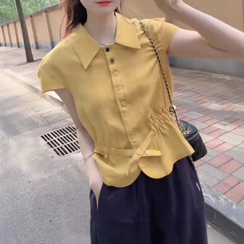 法式黄色正肩短袖衬衫女时尚气质百搭高级感泡泡袖收腰显瘦上衣夏