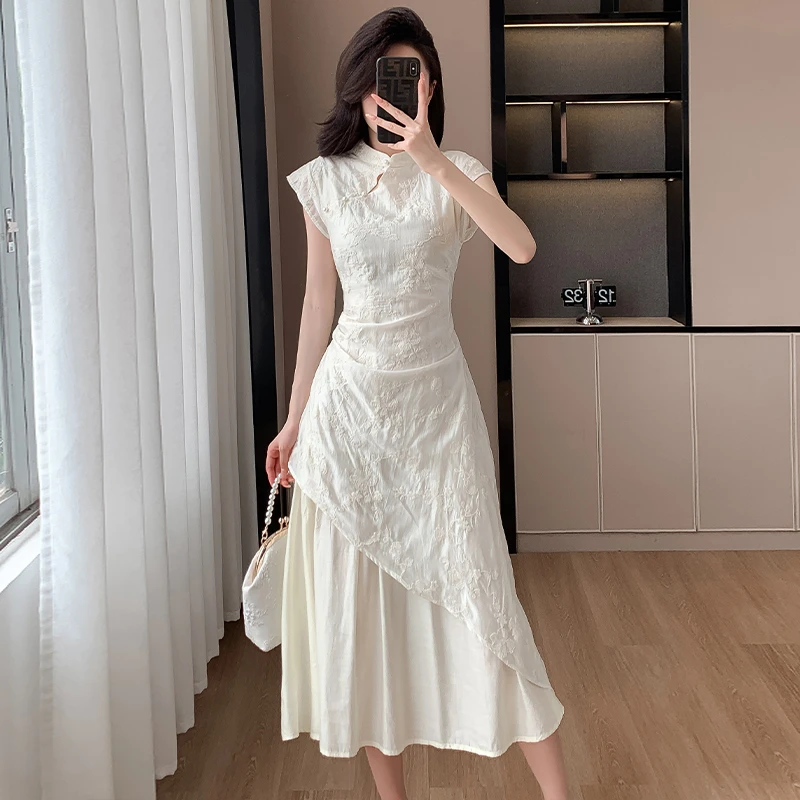 新中式假两件半袖连衣裙女夏长款2025夏季新款不规则收腰绣花裙子