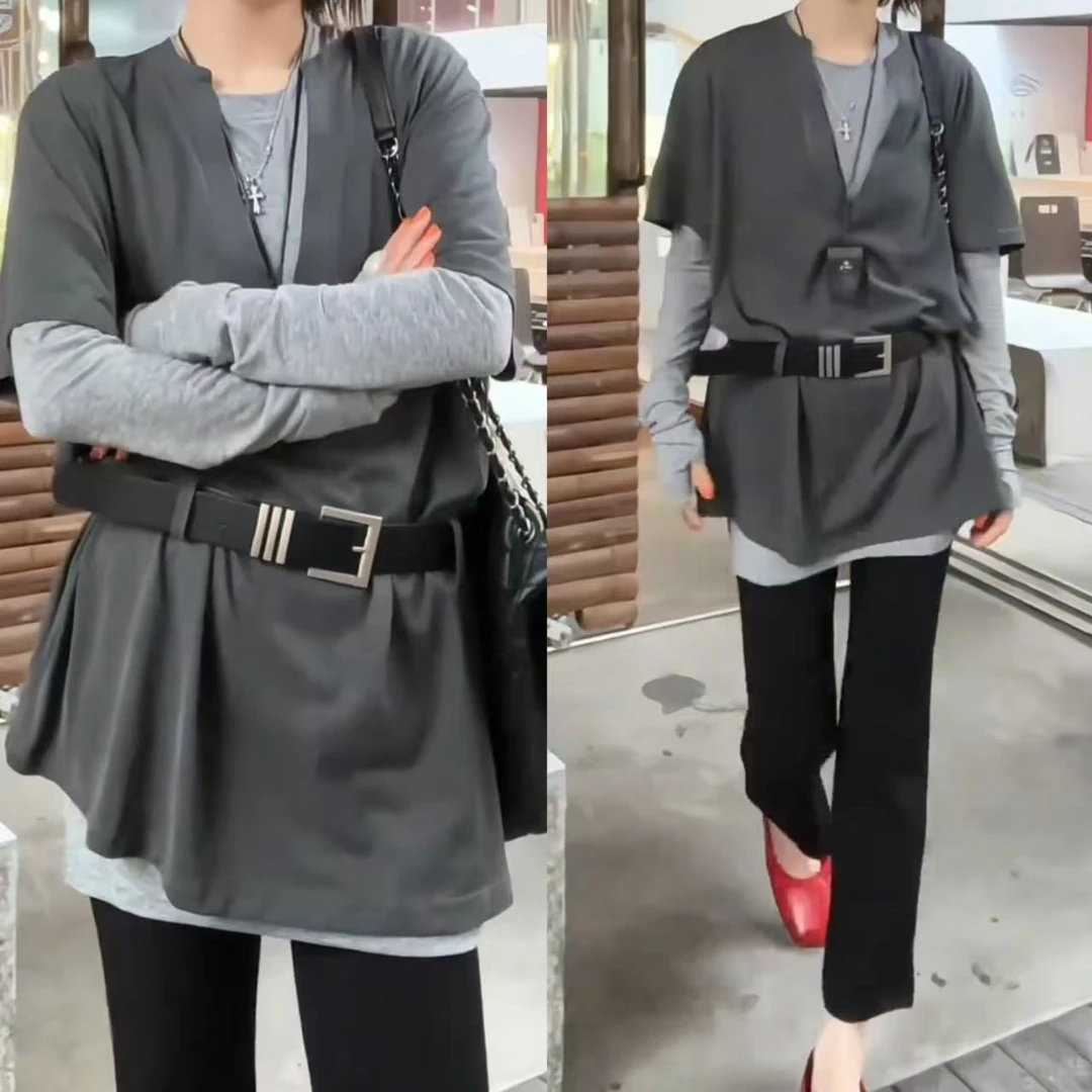 2025春夏新款时尚显瘦气质女士网红洋气上衣两件套百搭款D7962