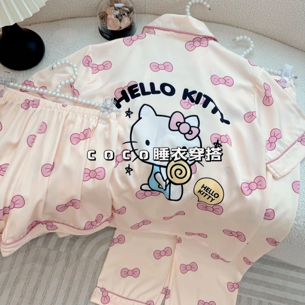 【月光丝KT】女士短袖新款睡衣翻领卡通短袖短裤长裤梭织薄款家居服