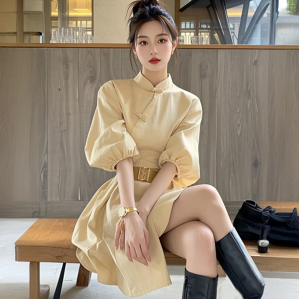 新中式国风帝政风漂亮独特小个子黄色盘扣衬衫连衣裙子女2025春季