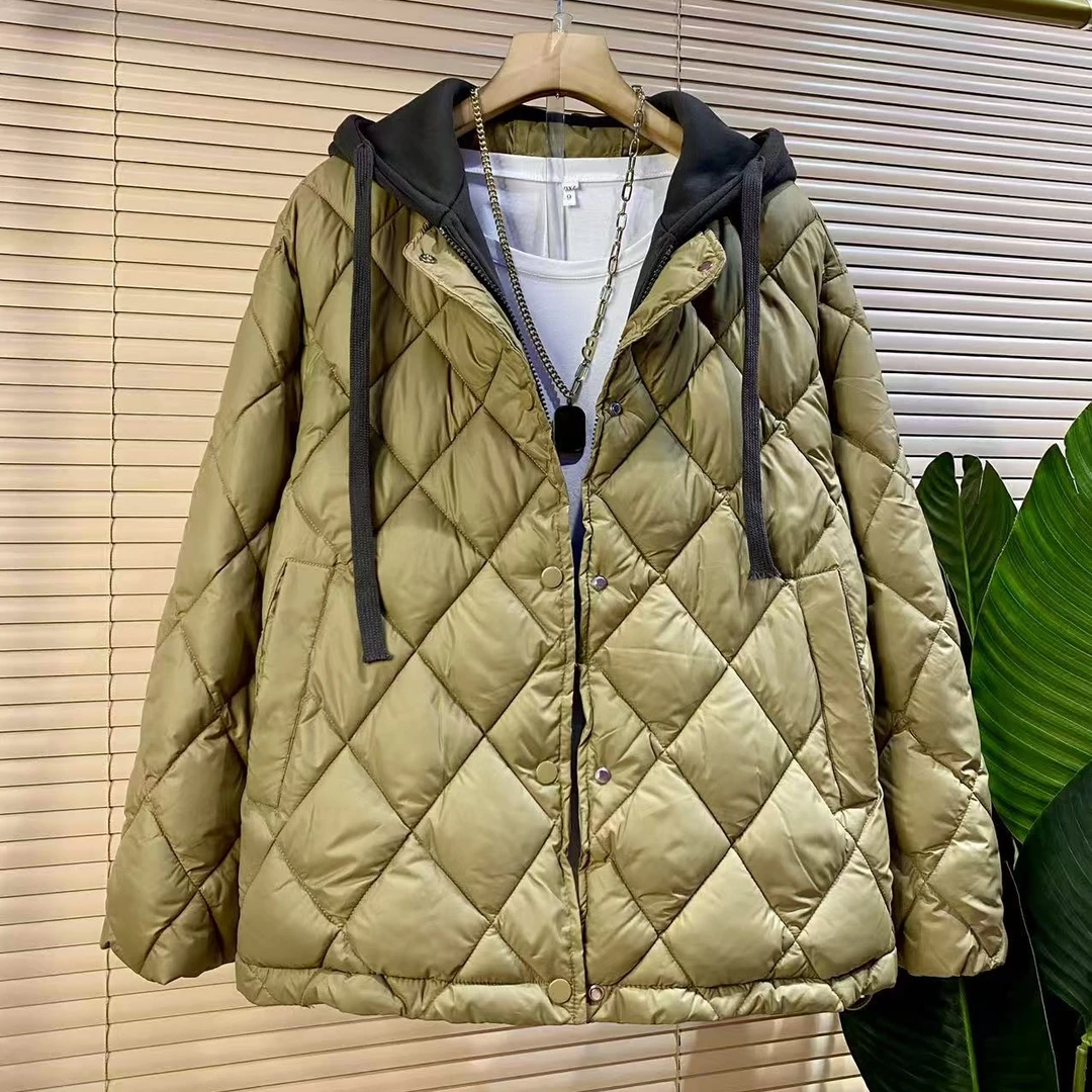 F胖mm欧货时尚新款秋季拼色连帽菱格休闲棉服外套