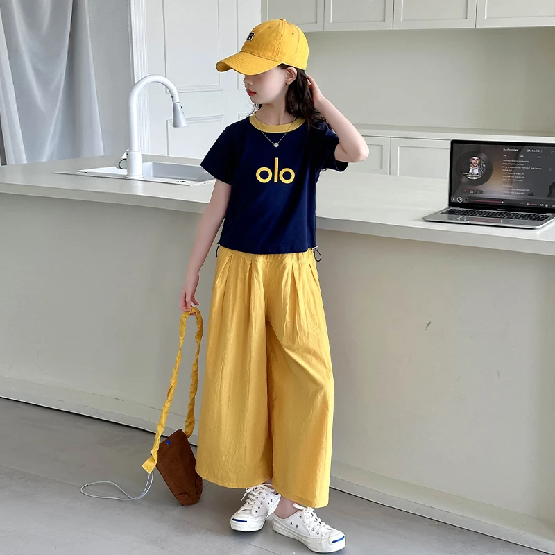 女童2025休闲风夏季自然风套头薄款套装纯色常规工装风阔腿宽松ol