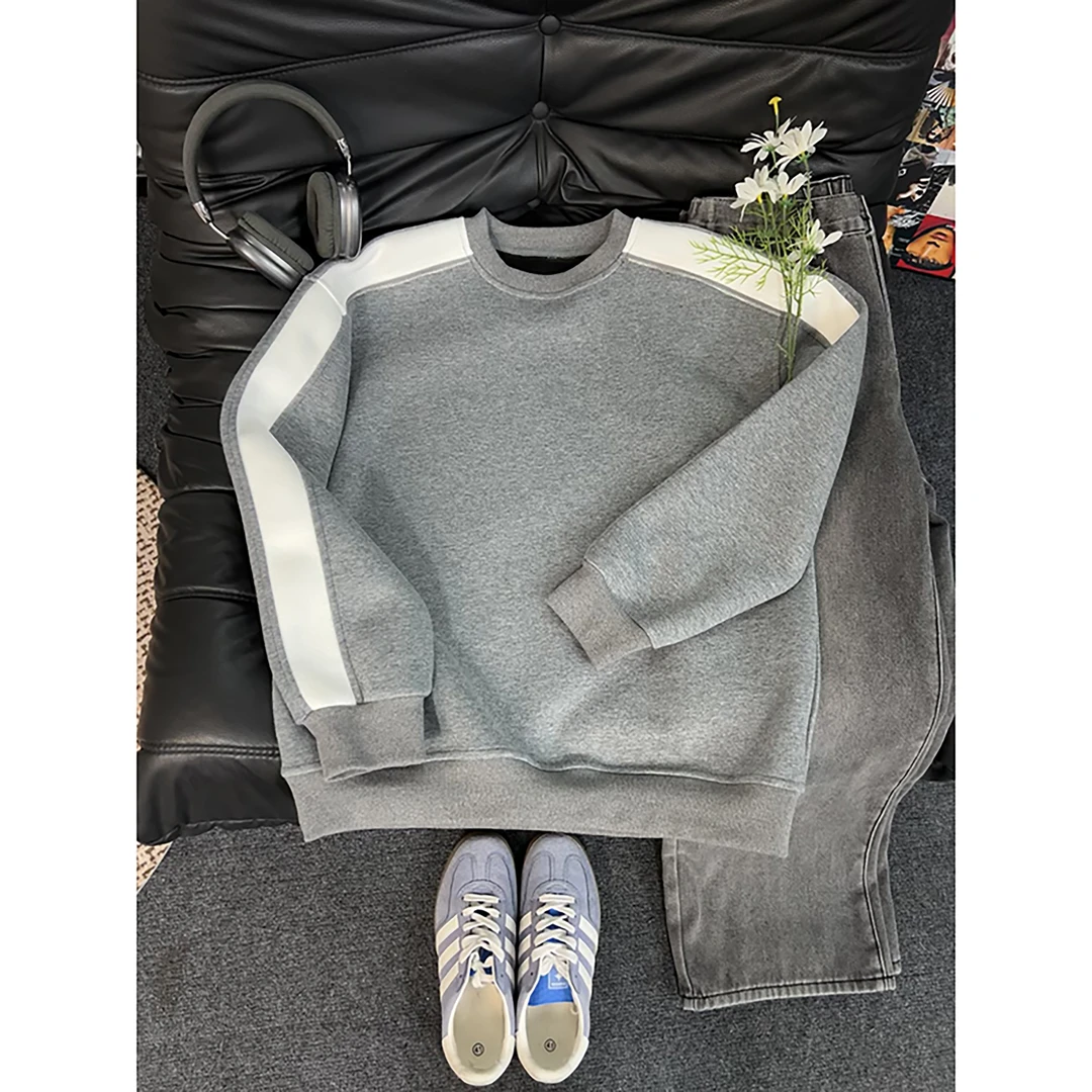 美式cleanfit拼色圆领卫衣男秋冬潮牌复古设计感情侣宽松百搭上衣