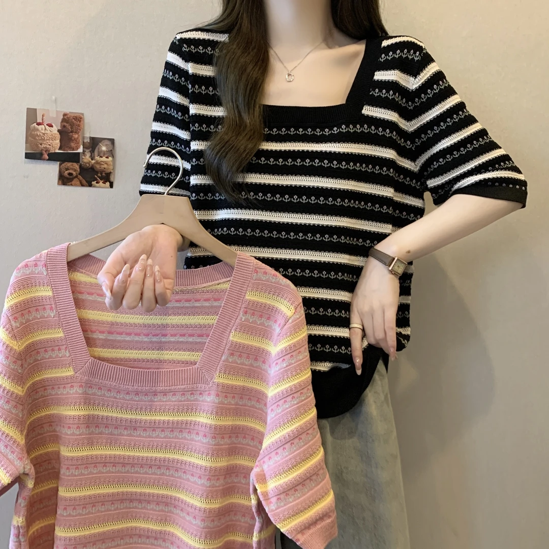 胖MM大码方领正肩撞色条纹针织衫宽松显瘦短袖T恤上衣女