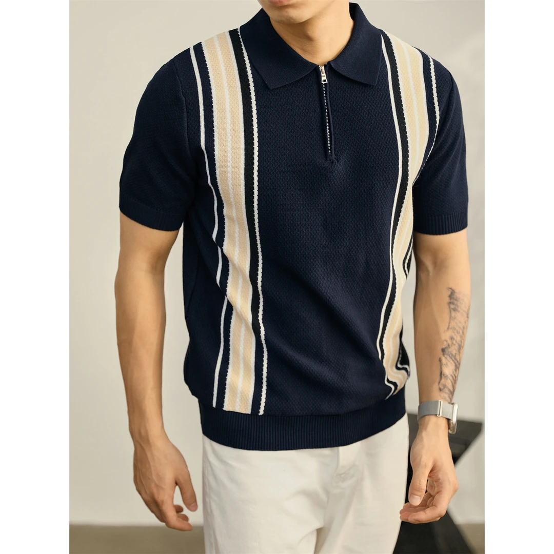 奥兰德保罗轻熟风短袖针织衫男夏季拼色条纹保罗上衣半拉链Polo衫