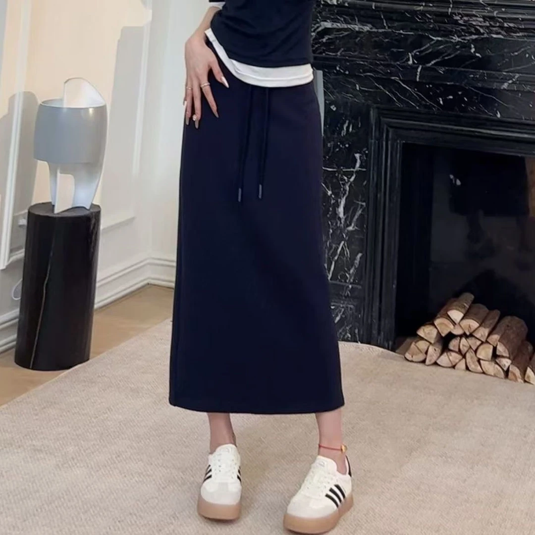 NIH石艺2025春季新款简约开叉松紧高腰气质显瘦HS80108休闲半身裙