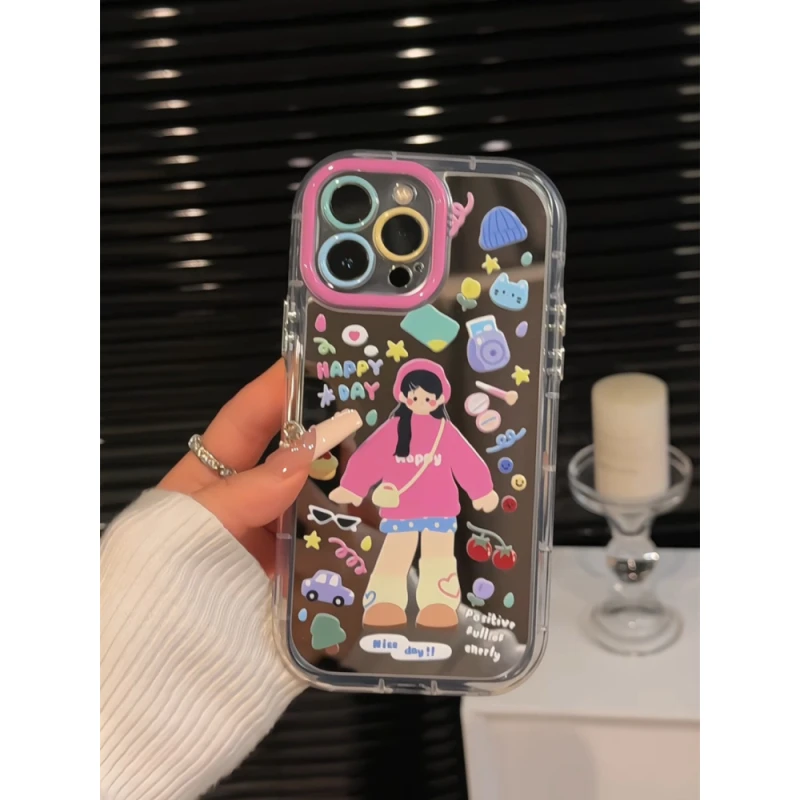 适用苹果16创意iPhone15pro手机镜面奶油壳华为p涂鸦女孩今日ootd