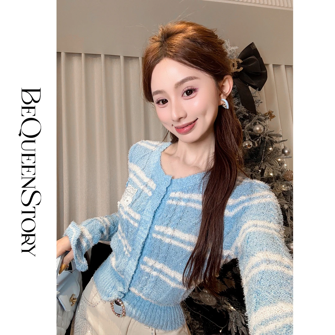 余潇潇【蓝白格调】新款手工钩花钉珠撞色条纹圆领针织开衫