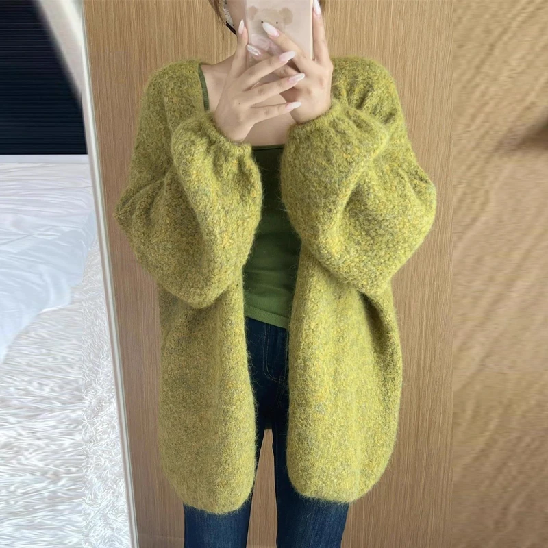 2025秋冬季新款女士慵懒风宽松毛绒感针织开衫外套中长款显瘦上衣