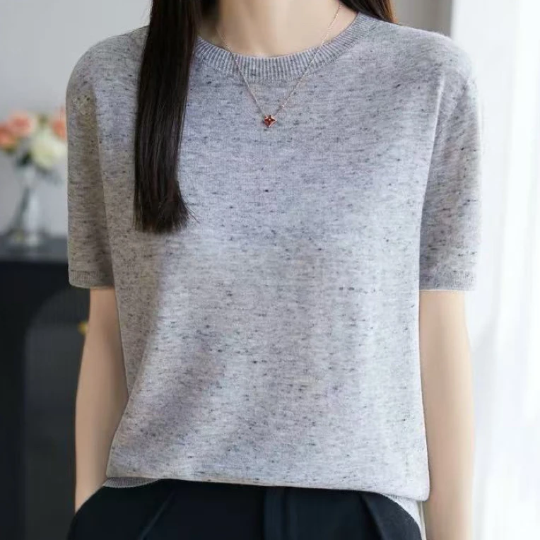 女士亚麻无缝圆领点子纱短袖