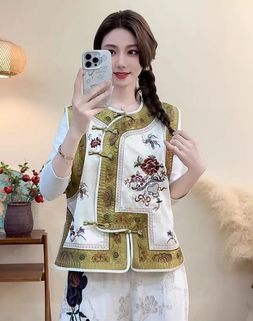 MYSG2025秋季新款圆领马甲刺绣新中式女宽松显瘦百搭上衣女坎肩