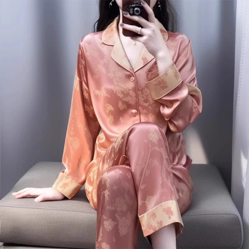 2025新款水光绸新中式睡衣女士春夏长袖家居服套装可外穿冰丝薄款